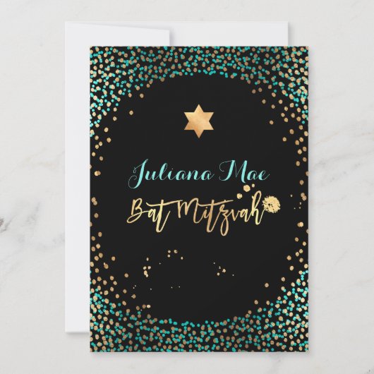 PixDezines Faux Gold+Blauwgroen Confetti Bat Mitzv Kaart (Voorkant)