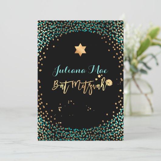 PixDezines Faux Gold+Blauwgroen Confetti Bat Mitzv Kaart (Staand voorkant)