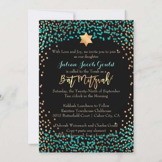 PixDezines Faux Gold+Blauwgroen Confetti Bat Mitzv Kaart (Achterkant)
