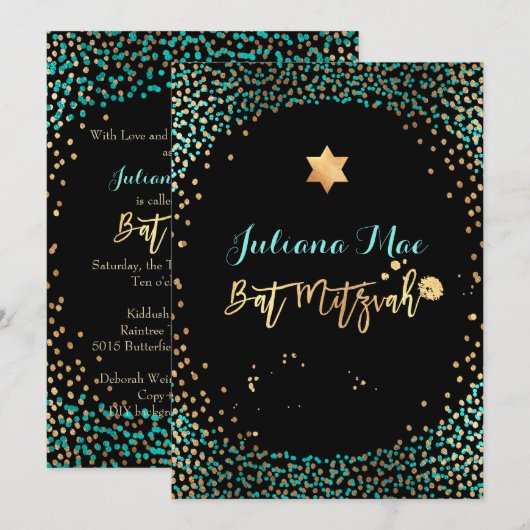 PixDezines Faux Gold+Blauwgroen Confetti Bat Mitzv Kaart (Voorkant / Achterkant)