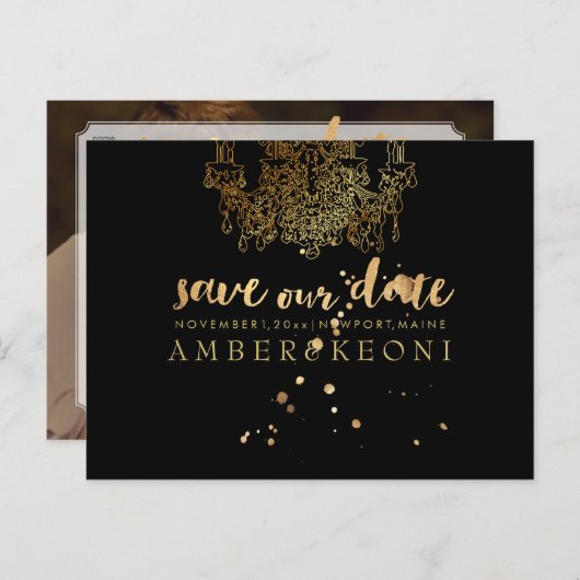 PixDezines Faux Gold Chadelier/bewaar onze datum Aankondigingskaart (Voorkant / Achterkant)