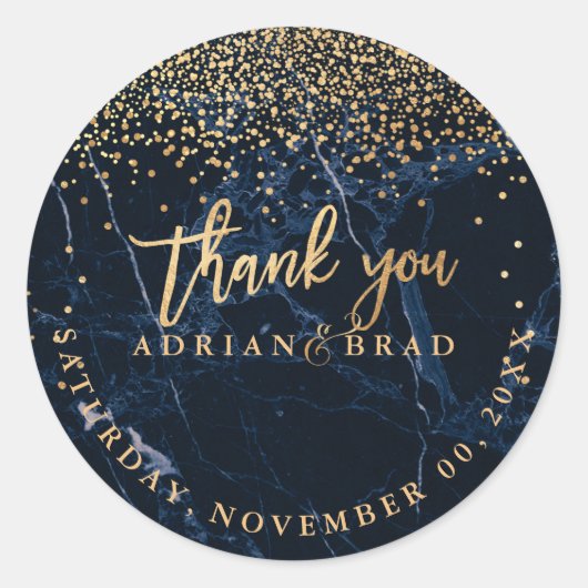 PixDezines Faux Gold Confetti/Blauw Marmer Ronde Sticker (Voorkant)