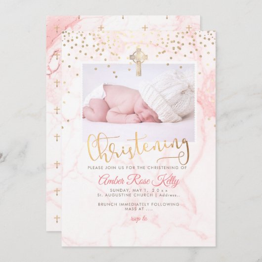 PixDezines Faux Gold Confetti+Marble Christening Kaart (Voorkant / Achterkant)