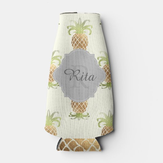 PixDezines Faux Gold Folie Ananas Patroon Flesjeskoeler (Voorkant)