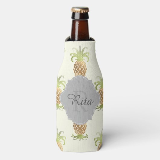 PixDezines Faux Gold Folie Ananas Patroon Flesjeskoeler (Fles Voorkant)
