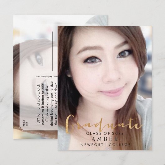 PixDezines Faux Gold Fun Font/Afstuderen foto Aankondigingskaart (Voorkant / Achterkant)