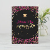 PixDezines Faux Gold+Hot Pink Confetti Bat Mitswa Kaart (Staand voorkant)