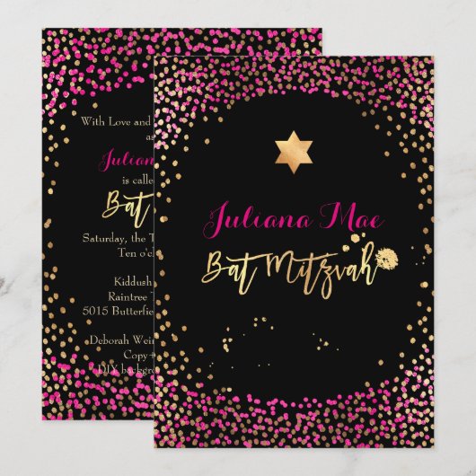 PixDezines Faux Gold+Hot Pink Confetti Bat Mitswa Kaart (Voorkant / Achterkant)