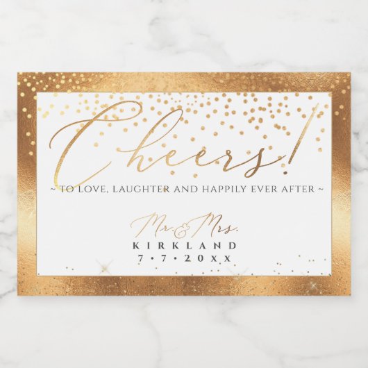 PixDezines Faux Gold Luxury Script Cheers+Confetti Sparkling Wijnetiket (Enkel label)