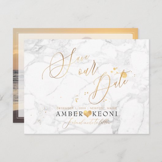 PixDezines Faux Gold/Marble/Save onze datum Briefkaart (Voorkant / Achterkant)