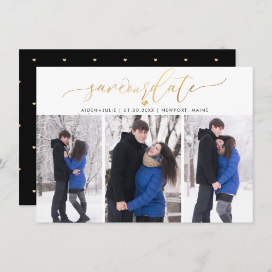 PixDezines Faux Gold Modern Borstelscript Save The Date (Voorkant / Achterkant)