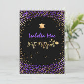 PixDezines Faux Gold+Paarse Confetti Bat Mitzvah Kaart (Staand voorkant)