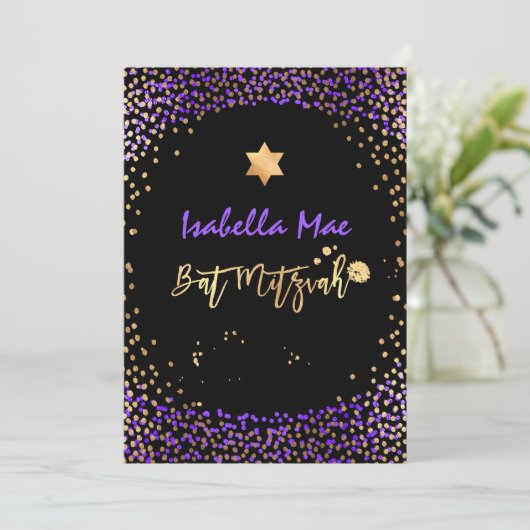 PixDezines Faux Gold+Paarse Confetti Bat Mitzvah Kaart (Staand voorkant)