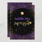 PixDezines Faux Gold+Paarse Confetti Bat Mitzvah Kaart (Voorkant / Achterkant)