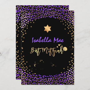 PixDezines Faux Gold+Paarse Confetti Bat Mitzvah Kaart