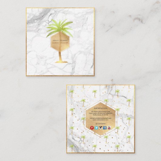PixDezines FAUX GOLD PALM TREE+MARBLE Vierkante Visitekaartje (Voorkant / Achterkant)