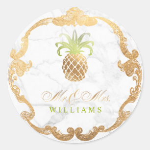 PixDezines Faux Gold Pineapple+Marble Slab Ronde Sticker