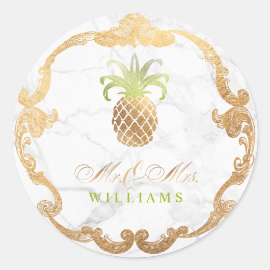 PixDezines Faux Gold Pineapple+Marble Slab Ronde Sticker (Voorkant)