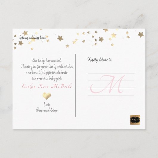 PixDezines Faux Gold Stars/Birth Announce Aankondigingskaart (Achterkant)