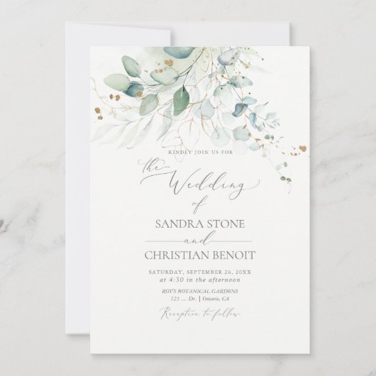 PixDezines Faux Gold Waterverf Eucalyptus Wedding Kaart (Voorkant)