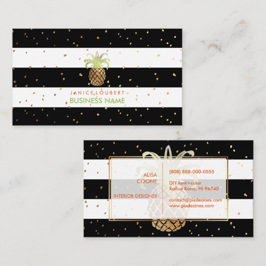 PixDezines Faux gouden ananas/B+W strepen Visitekaartje (Voorkant / Achterkant)