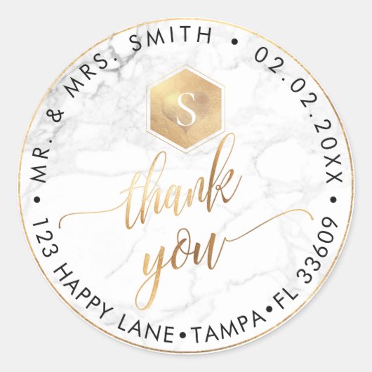 PixDezines FAUX GOUDEN HONINGRAAT, MONOGRAM DANK U Ronde Sticker (Voorkant)