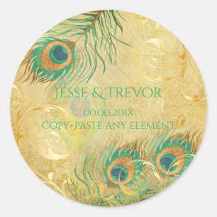 PixDezines  FAUX GOUDEN PEACOCK VEER Ronde Sticker