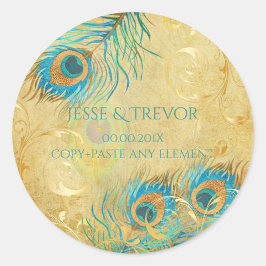 PixDezines  FAUX GOUDEN PEACOCK VEER Ronde Sticker (Voorkant)