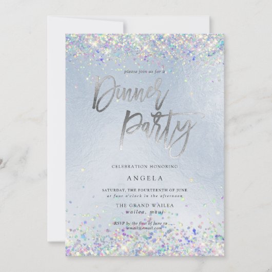 PixDezines Faux Hologram Dusty Blue Dinner Party Kaart (Voorkant)