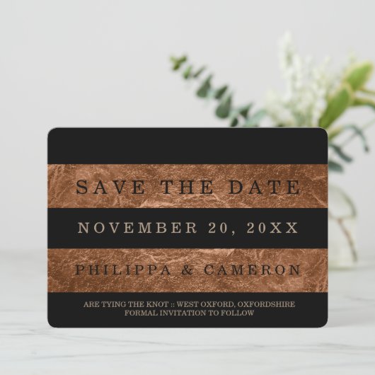 PixDezines faux koperfolie strepen de datum beware Save The Date (Staand voorkant)