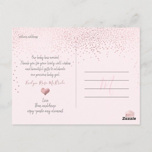 PixDezines Faux Roos Gold Confetti/Bedankt Briefkaart (Achterkant)