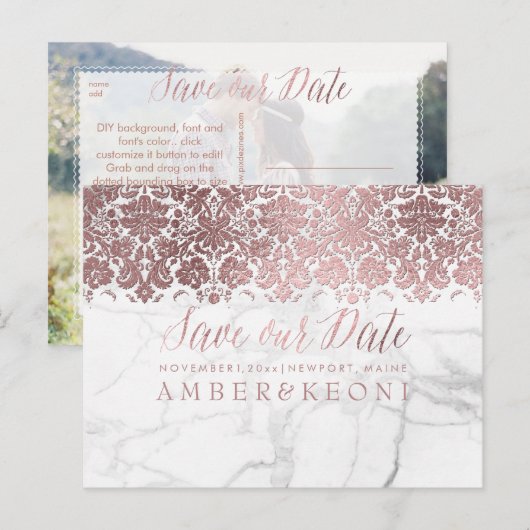 PixDezines Faux Roos Gold/Lace+Marble/Opslagdatum Aankondigingskaart (Voorkant / Achterkant)