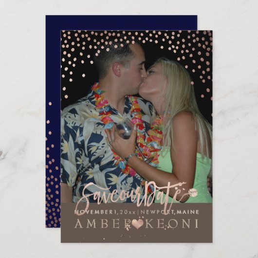PixDezines Faux Roos Gouden Confetti/Hart/Opslagda Save The Date (Voorkant / Achterkant)
