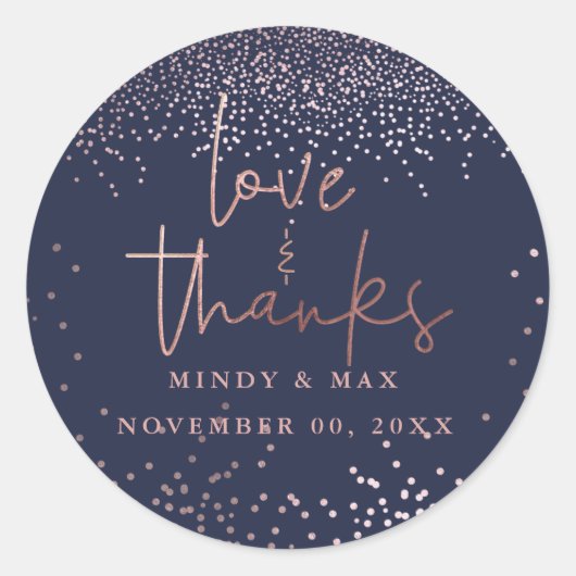 PixDezines FAUX ROOS GOUDEN CONFETTI LOVE+BEDANKT Ronde Sticker (Voorkant)