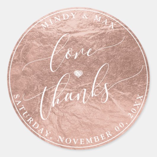 PixDezines Faux ROSE GOLD FOI'l LOVE+THANKS Ronde Sticker (Voorkant)