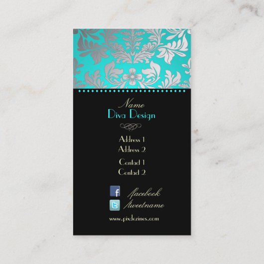 PixDezines Faux Silver Baroque damask aqua Visitekaartje (Achterkant)