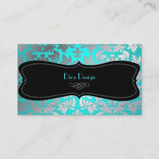 PixDezines Faux Silver Baroque damask aqua Visitekaartje (Voorkant)