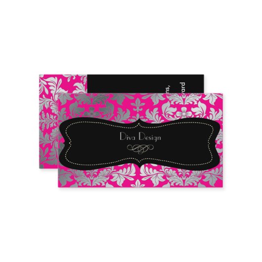 PixDezines Faux Silver Baroque demask hot roze Visitekaartje (Voorkant / Achterkant in situ)