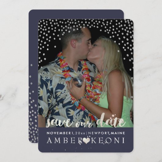 PixDezines Faux Silver Confetti/Hart/Opslagdatum Save The Date (Voorkant / Achterkant)