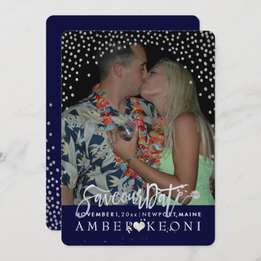 PixDezines Faux Silver Confetti/Hart/Opslagdatum Save The Date (Voorkant / Achterkant)