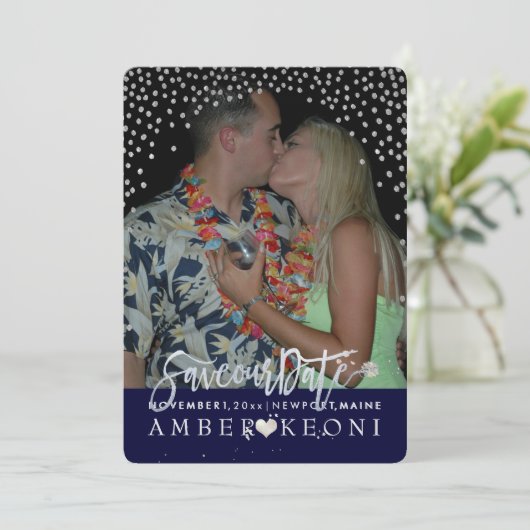 PixDezines Faux Silver Confetti/Hart/Opslagdatum Save The Date (Staand voorkant)
