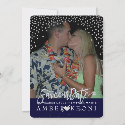 PixDezines Faux Silver Confetti/Hart/Opslagdatum Save The Date (Voorkant)