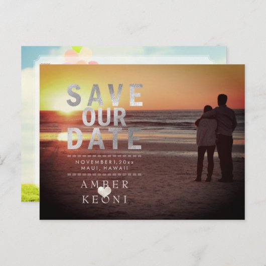 PixDezines Faux Silver De datum opslaan Aankondigingskaart (Voorkant / Achterkant)