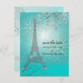 PixDezines Faux Silver Eiffeltoren/Blauwgroen Aankondigingskaart (Voorkant / Achterkant)