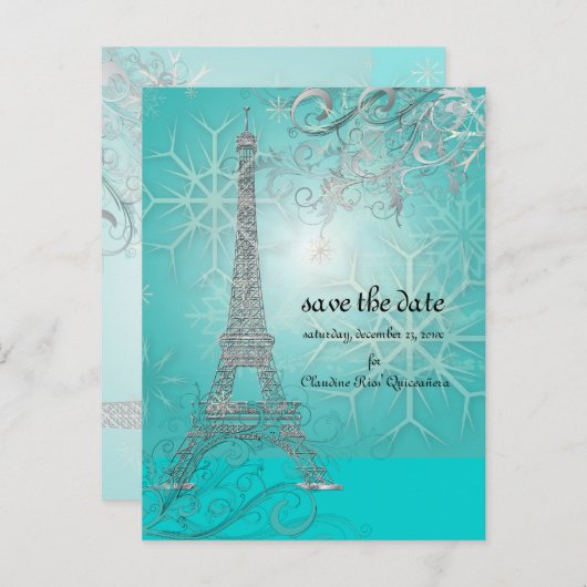 PixDezines Faux Silver Eiffeltoren/Blauwgroen Aankondigingskaart (Voorkant / Achterkant)