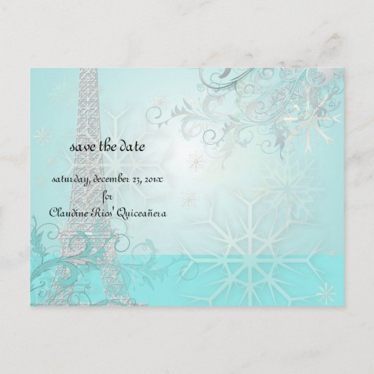 PixDezines Faux Silver Eiffeltoren/Blauwgroen Aankondigingskaart (Achterkant)