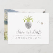 PixDezines Faux Silver/Pineapple/Save onze datum Aankondigingskaart (Voorkant / Achterkant)