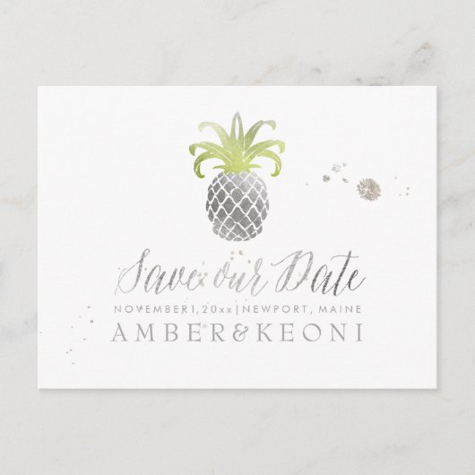 PixDezines Faux Silver/Pineapple/Save onze datum Aankondigingskaart (Voorkant)