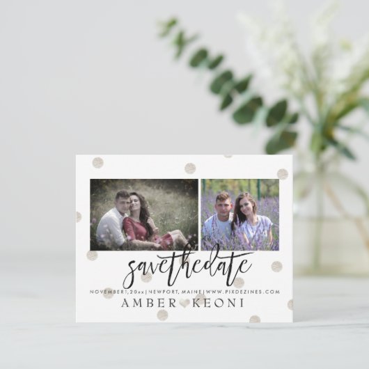 PixDezines Faux Silver Polka Dots Sla de datum op Save The Date (Staand voorkant)