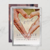 PixDezines Faux Silver Save the Date/Heart Aankondigingskaart (Voorkant / Achterkant)